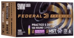 Federal Practice & Defend Ammo 9mm Luger HST/Synt Combo 124gr 100/Box